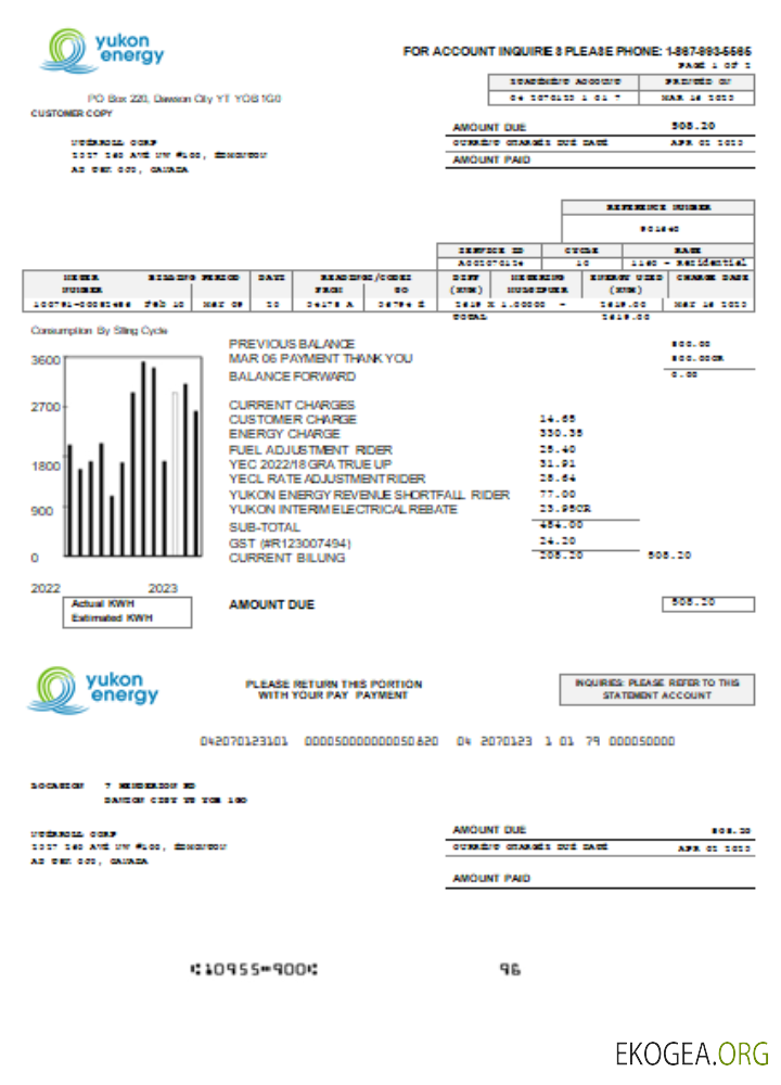 Facture commerciale des services publics de Yukon Energy, SCR